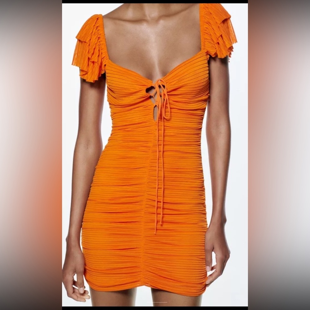 Zara Orange Pleated Ruffle Tie Front Dress Size Medium (runs small)